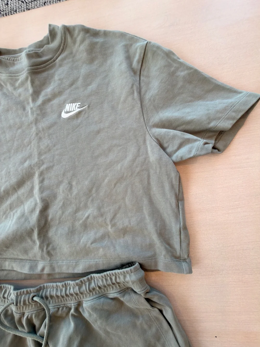 Nike Women’s Olive Green Crop Tee (Medium) & Drawstring Shorts (Large) Set